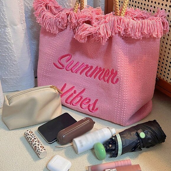 Pink Vacation Women's Large Capacity Letter & Tassel Canvas Tote Bag - Picture 3 of 6